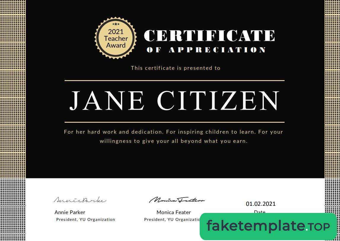 Feature of fake USA Teacher Appreciation certificate example